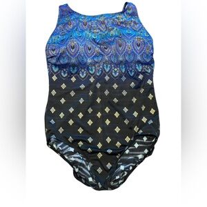 Longitude Black and Blue Tank Style One Piece Swimsuit Womens Size 20